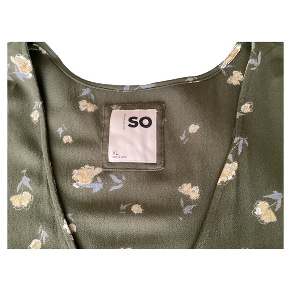 SO Side-Tie Faux-Wrap Ruffle Olive Green Floral V-Neck Long Sleeves Dress Sz XL - Picture 9 of 16